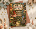 The image is a birthday invitation featuring a whimsical forest scene with a gnome, mushrooms, and a path leading to a village.