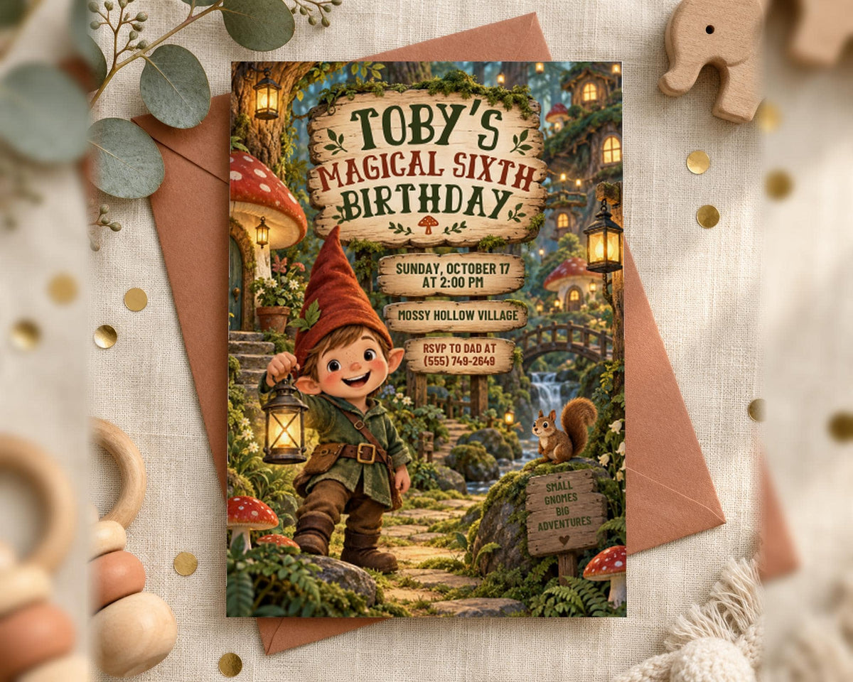 The image is a birthday invitation featuring a whimsical forest scene with a gnome, mushrooms, and a path leading to a village.