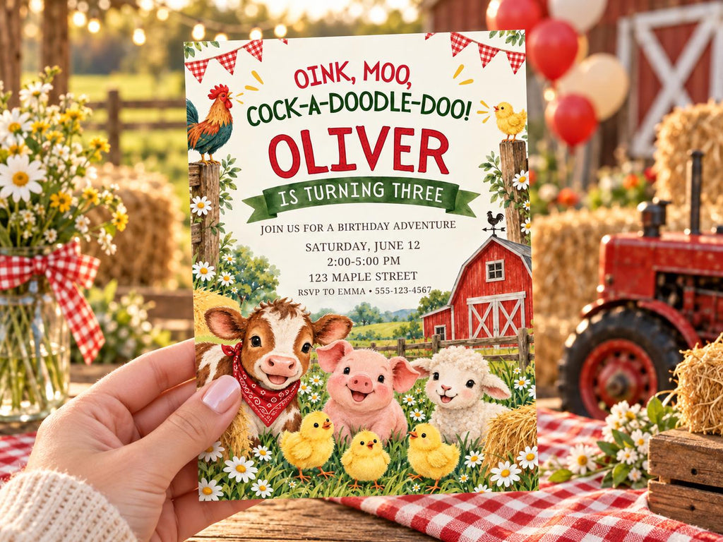 a hand holding a birthday invitation card with illustrations of farm animals, including a cow, pig, sheep, and chickens, along with decorative elements such as balloons and a barn.