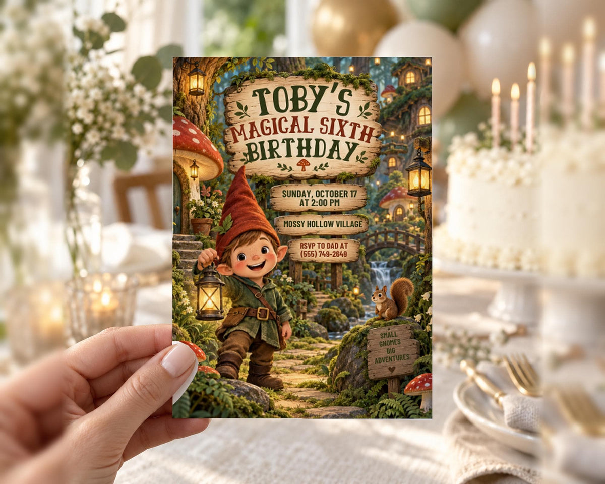 The image is a birthday invitation for a boy named Toby, featuring a whimsical forest scene with a gnome, mushrooms, and a waterfall.