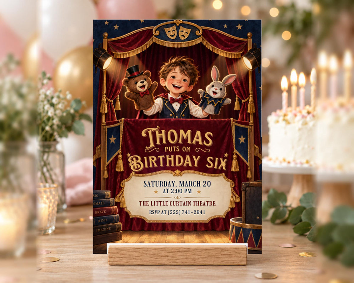 Thomas' birthday party invitation for his sixth birthday, featuring a stage with a young boy, a teddy bear, and a rabbit, with a circus-themed background and candles on a cake.
