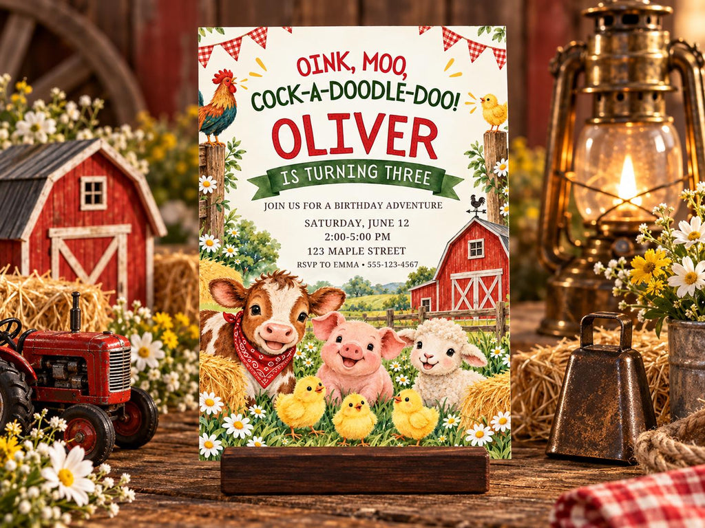 The image is a birthday invitation for a child named Oliver, who is turning three years old. The invitation features illustrations of farm animals such as a cow, pig, sheep, and chicken, along with a barn and other farm-themed decorations. The invitation is set against a rustic farm background and includes details about the birthday party, including the date, time, location, and RSVP information.