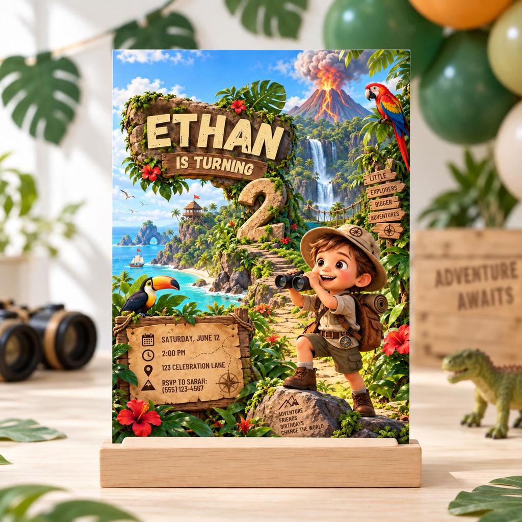 Tropical Volcano Explorer 2nd Birthday Invitation for Boy, Printed or Digital, 5x7