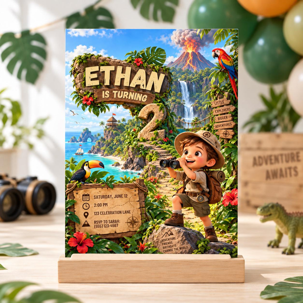 Tropical Volcano Explorer 2nd Birthday Invitation for Boy, Printed or Digital, 5x7