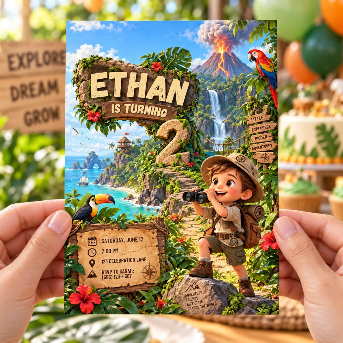Tropical Volcano Explorer 2nd Birthday Invitation for Boy, Printed or Digital, 5x7