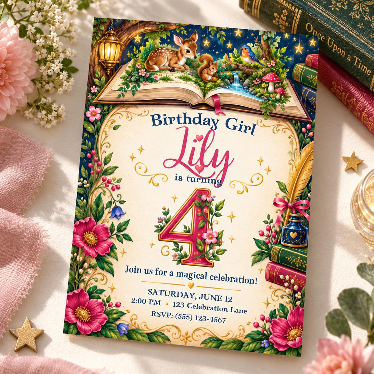 Enchanted Storybook 4th Birthday Invitation for Girl, Editable Canva Template, 5x7