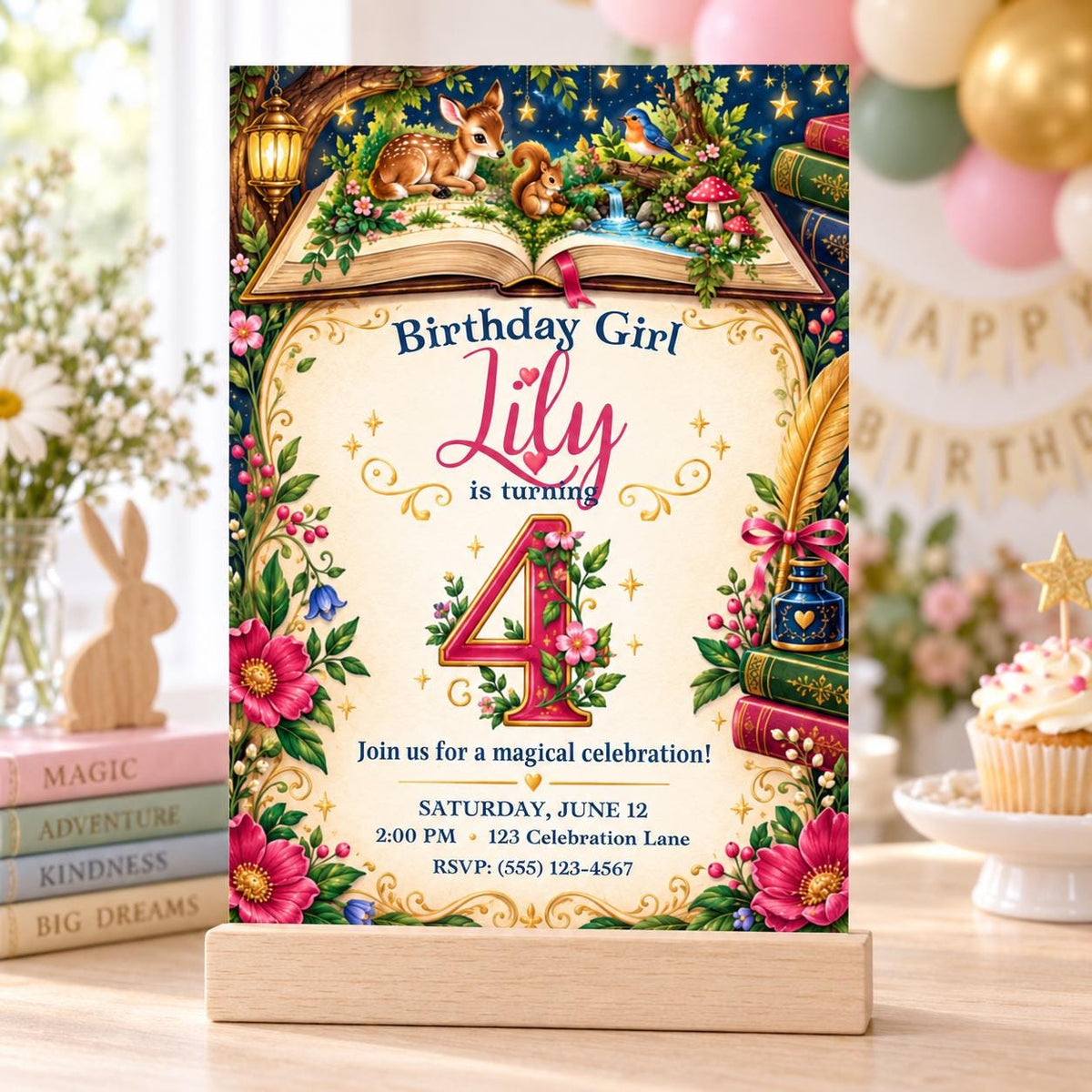 Enchanted Storybook 4th Birthday Invitation for Girl, Editable Canva Template, 5x7
