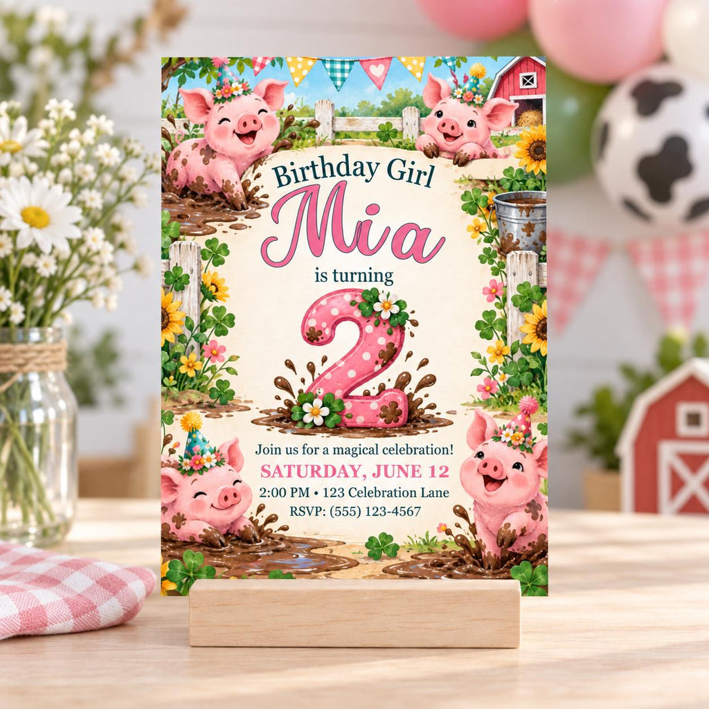 Piglet Mud Puddle 2nd Birthday Invitation for Girl, Editable Canva Template, 5x7