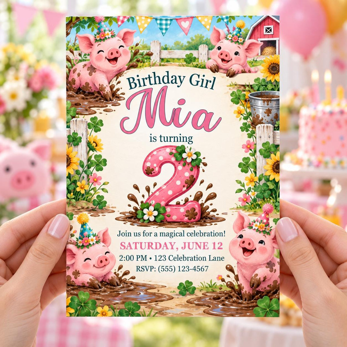 Piglet Mud Puddle 2nd Birthday Invitation for Girl, Editable Canva Template, 5x7