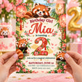 Red Panda Lantern 2nd Birthday Invitation for Girl, Editable Canva Template, 5x7