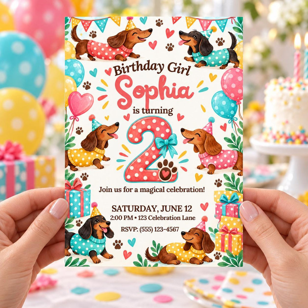 Dachshund 2nd Birthday Invitation for Girl, Editable Canva Template, 5x7