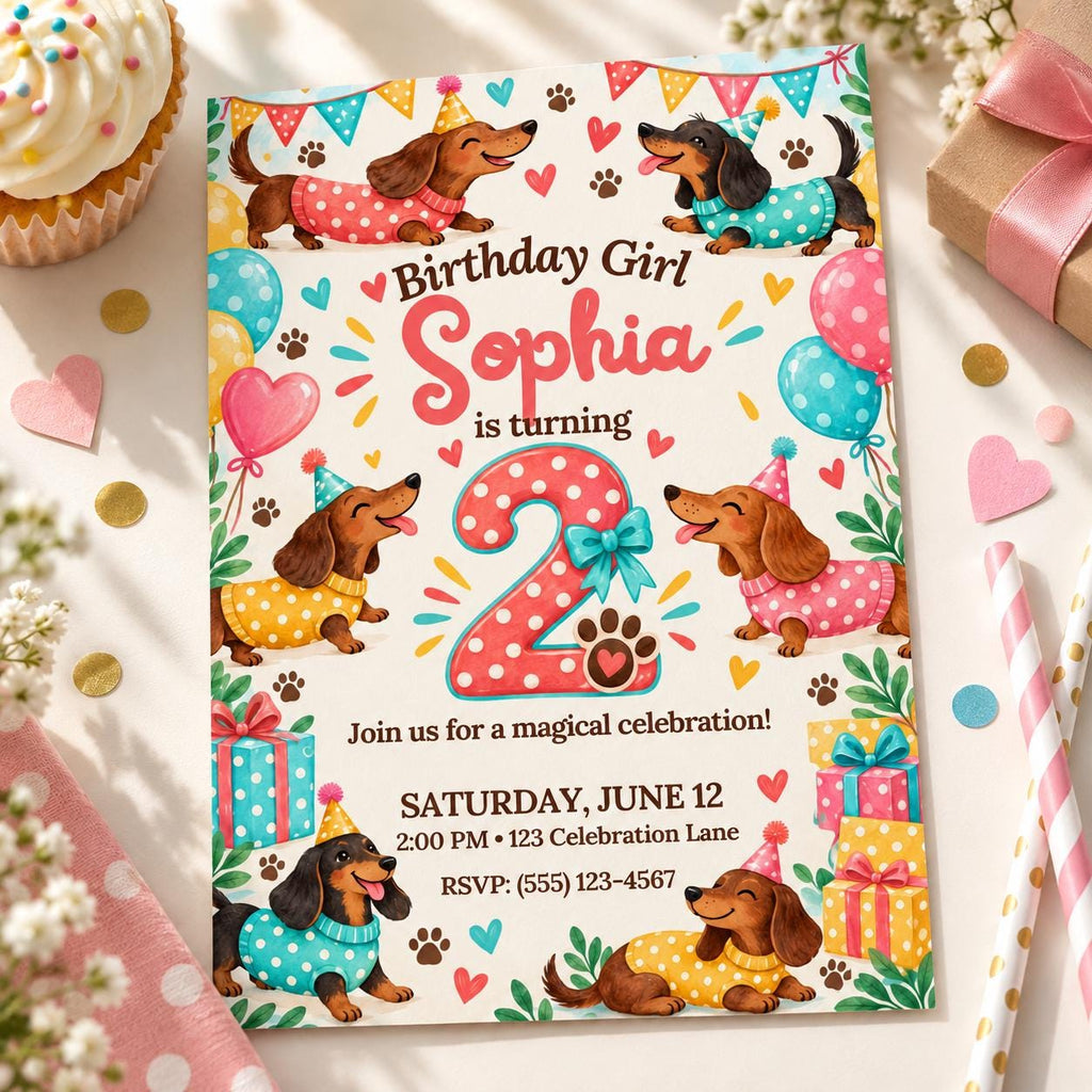 Dachshund 2nd Birthday Invitation for Girl, Editable Canva Template, 5x7