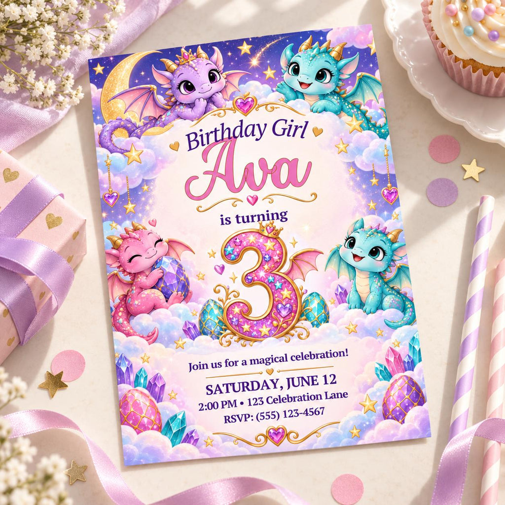 Little Dragon Wishes 3rd Birthday Invitation for Girl, Editable Canva Template, 5x7