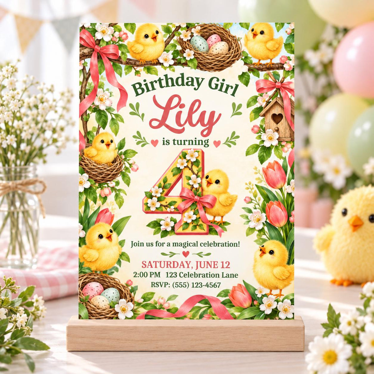 Chick Spring Nest 4th Birthday Invitation for Girl, Editable Canva Template, 5x7