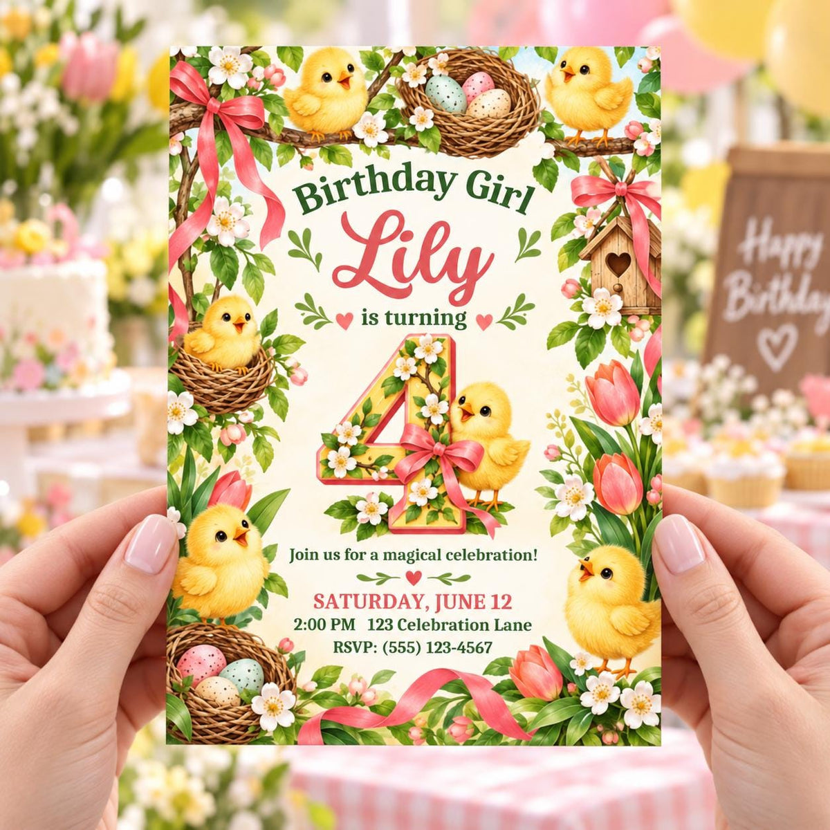 Chick Spring Nest 4th Birthday Invitation for Girl, Editable Canva Template, 5x7