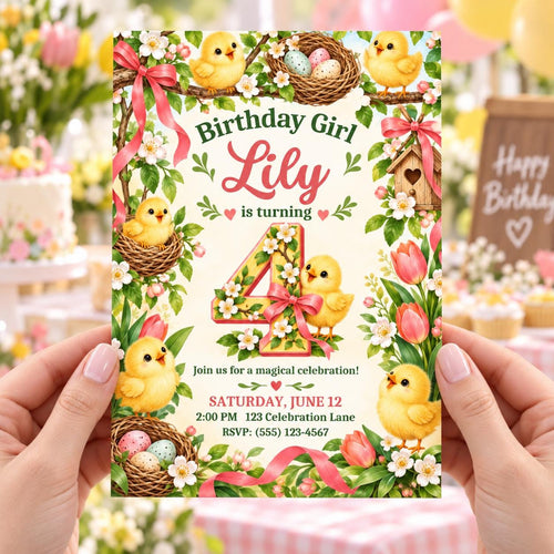 Chick Spring Nest 4th Birthday Invitation for Girl, Editable Canva Template, 5x7